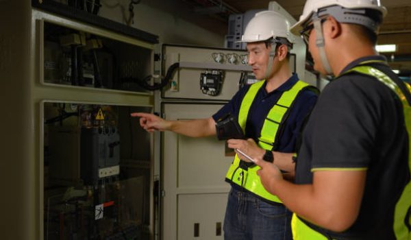 istockphoto-2042989719-612×612 engineering technician Setting up the solar panel inverter in the electrical room Service engineer installs solar cells on factory roofs Concept of clean energy and renewable energy